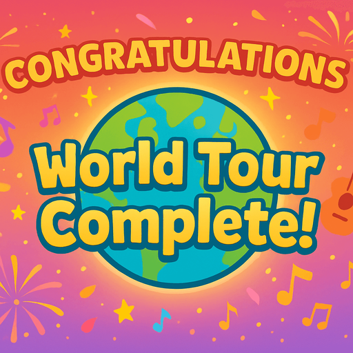 A bright and colorful 2D cartoon-style “Congratulations” screen for a mobile music game. The background should feature festive elements like fireworks, sparkles, confetti, and a glowing Earth or map. At the center, include a large golden text that says “World Tour Complete!” or “You’re a Sound Explorer Master!” in playful, bold font. The scene should feel rewarding and musical, with subtle music notes or instrument icons around the background. Export as a wide 1920x1080 PNG, with no UI buttons or overlays..
In-Game asset.  2d.  High contrast.  No shadows