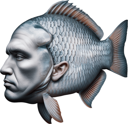 A fish with an Human male weird head in color in a realistic style.
Single Game Texture. In-Game asset. 2d. Blank background. High contrast. No shadows.