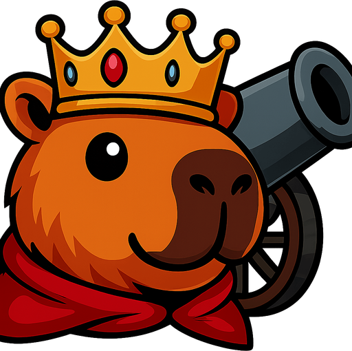 Quitale la resortera y el casco. Añadele una corona de rey con gemas. Añade tambein una capa roja. Agrega en la parte de atras un cañon. Dame la imagen sin fondo.