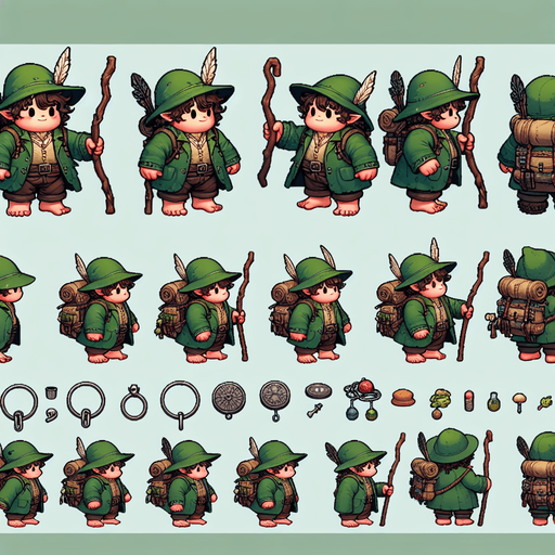 A spritesheet showing various poses of a chubby little hobbit wandering. he is in a green hunter's coat and with a green hat with a feather in it, and is carrying a backpack and holding a walking stick. there are many trinkets in his belt, some edible..
Single Game Texture. In-Game asset. 2d. Blank background. High contrast. No shadows.