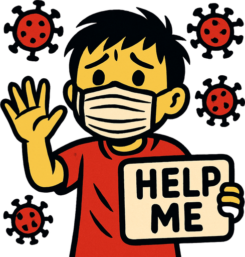 a scared kid from corona virus say help me.
In-Game asset.  2d.  High contrast.  No shadows