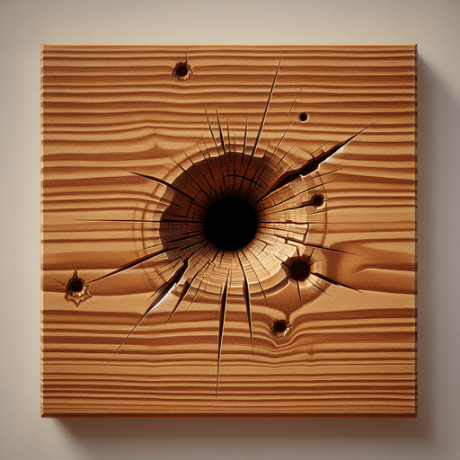 wood bullet hole.
Single Game Texture. In-Game asset. 2d. Blank background. High contrast. No shadows.