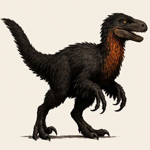 A large, realistic Utahraptor dinosaur covered in dense, shaggy feathers. The plumage is a mix of dark brown, black, and rusty orange along the neck and tail. It has long, powerful legs with a signature sickle-shaped claw on each foot, and feathered arms resembling wings. The head is narrow with a curved snout, sharp teeth visible, and piercing amber eyes. The long tail is covered in sleek feathers, giving balance and a bird-like appearance..
In-Game asset.  2d.  High contrast.  No shadows