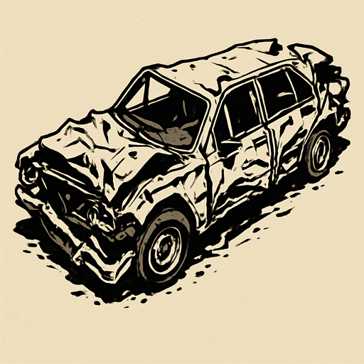 Coche destruido, algo retro visto desde arriba y en posición horizontal.
In-Game asset.  2d.  High contrast.  No shadows