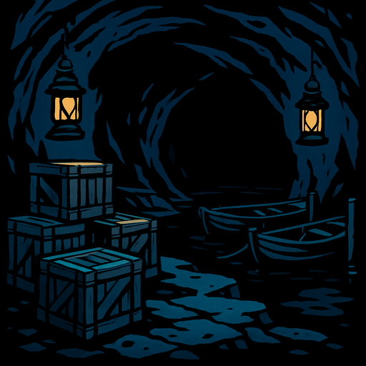 A dark sea cave used by smugglers, crates stacked on wet stone, rusty lanterns casting weak light, small boats tied to hidden docks.
In-Game asset.  2d.  High contrast.  No shadows