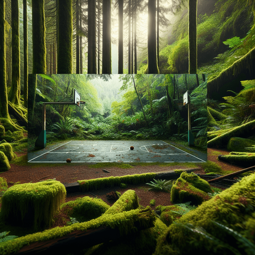 POV basketball court in forest.
Full screen. Background. High detail