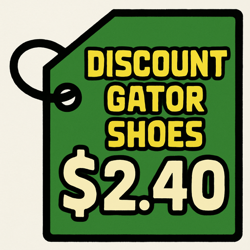 Green pricetag that says discount gator shoes $2.40.
In-Game asset.  2d.  High contrast.  No shadows