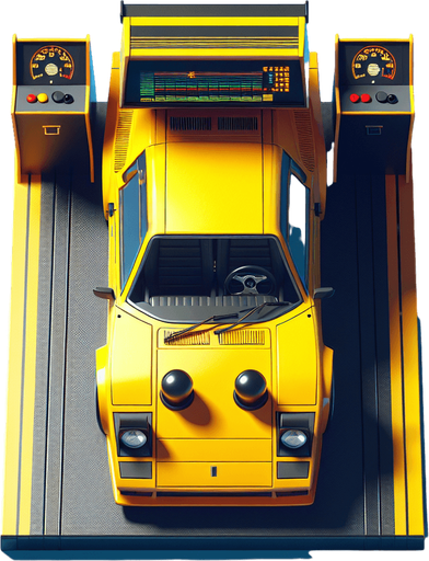 top down view of arcade racing car with the yellow color.
Single Game Texture.  In-Game asset.  2d.  Blank background.  High contrast.  No shadows