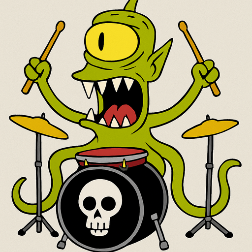 Make my character have drumsticks and be on top of drums and the big drum be black and have a white skull