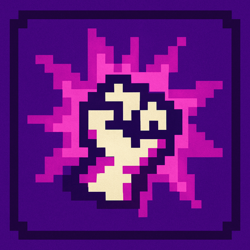 Pixel art of a purple power-up icon with a spiked fist symbol or explosion inside. Represents bonus attack damage in a retro game.
In-Game asset.  2d.  High contrast.  No shadows