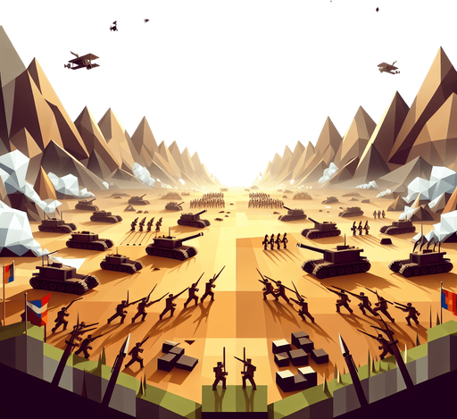 A 2d war symmetrical landscape low Polly.
Single Game Texture. In-Game asset. 2d. Blank background. No shadows.