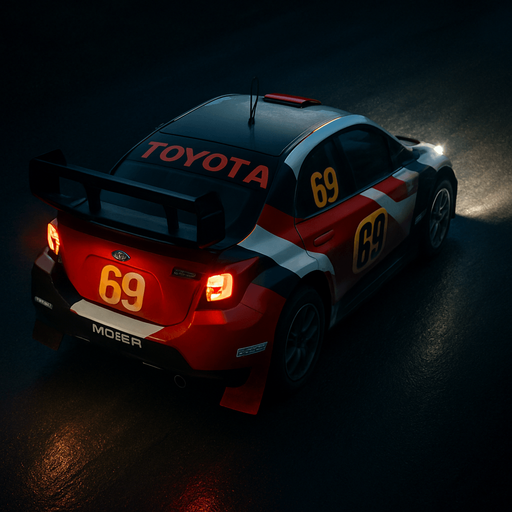 Photorealistic TOTOYA Rallycar in nightlight, drone topview from back and 45 degrees angle in top right corner