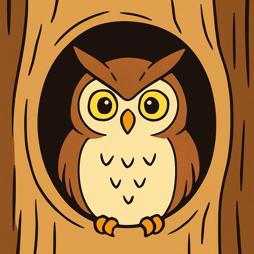 gambar 2d anime burung hantu dalam lubang pohon.
In-Game asset.  2d.  High contrast.  No shadows