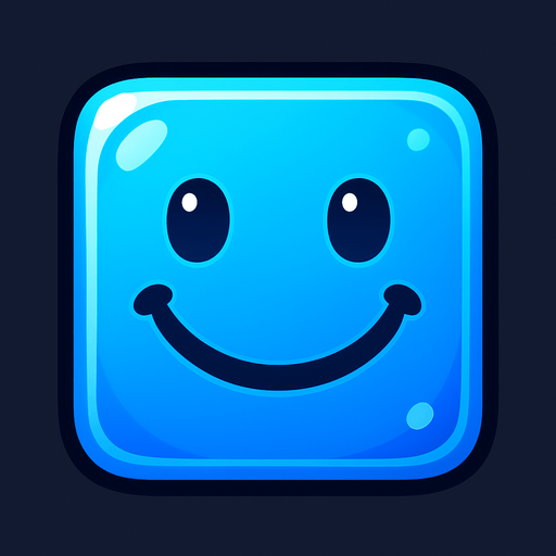 Can you draw a smiling face with rounded edges, square blue and shiny effect?.
In-Game asset.  2d.  High contrast.  No shadows