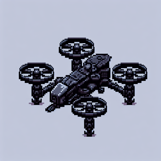 front image a 8 bit battle enemy black scifi quadcopter  drone.
Single Game Texture.  In-Game asset.  2d.  Blank background.  High contrast.  No shadows