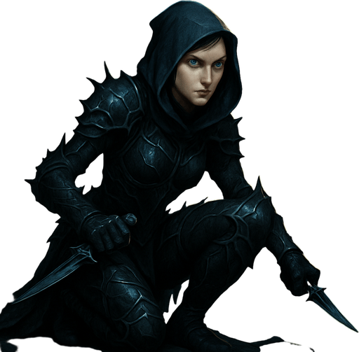 A fierce assassin in obsidian armor and a hooded cloak, crouched on a rooftop under the moonlight. Female, 33 years old, lean and deadly, short jet-black hair, piercing ice-blue eyes, pale porcelain skin. Her armor is adorned with thorn motifs. A poisoned dagger in each hand. Background shows a quiet castle town below. Realistic, highly detailed, stealthy night-time mood. reaalistic.
In-Game asset.  2d.  High contrast.  No shadows