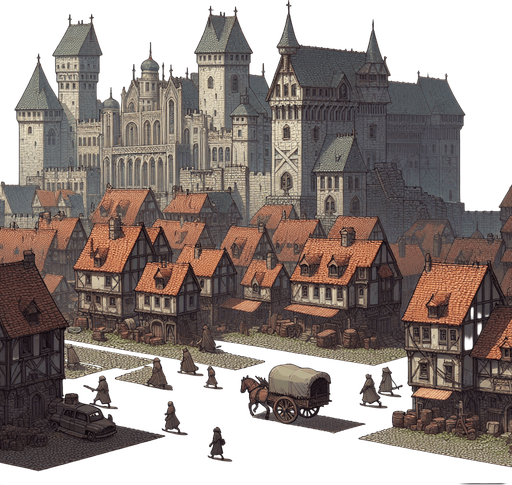 An animated image a medieval city with a castle.
Single Game Texture. In-Game asset. 2d. Blank background. High contrast. No shadows.