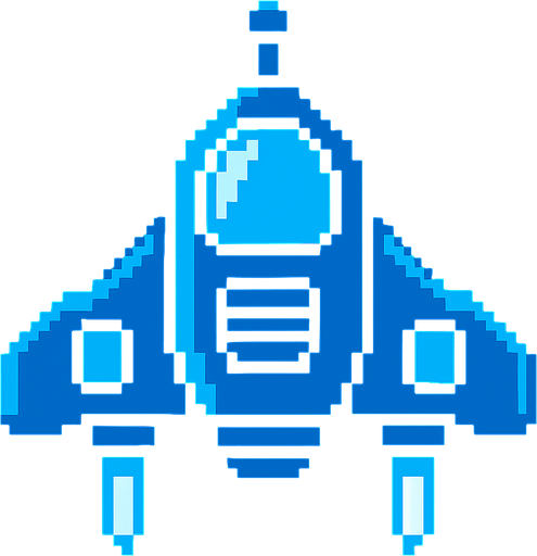 Mavi renkli 2D retro bir uzay gemisi.
In-Game asset.  2d.  High contrast.  No shadows