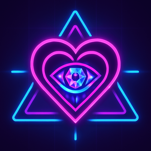 Neon cyberpunk mobile game button magic gemstone crystal sigil eyeball heart triangle topdown flat 3d 2d hologram futuristic glowing occult chic