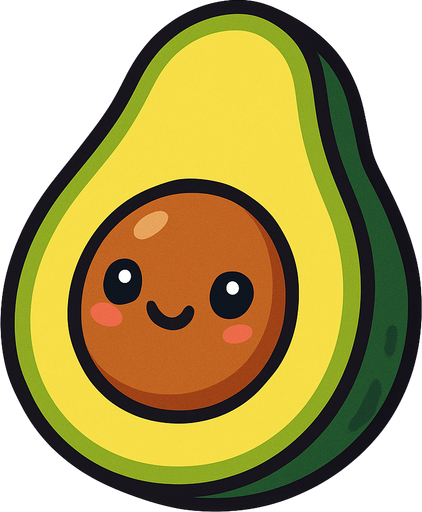 A cut in half avocado with cute face.
In-Game asset.  2d.  High contrast.  No shadows