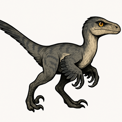 A small and agile Velociraptor dinosaur covered in smooth, sleek feathers in muted tones of gray and tan, with darker stripes along its back. The arms have wing-like feathers, and the long tail is fully feathered for balance. Its narrow head features a slightly curved snout, sharp teeth, and intelligent, bright eyes. The feet have curved sickle-shaped claws, emphasizing its speed and deadly precision. Real style.
In-Game asset.  2d.  High contrast.  No shadows