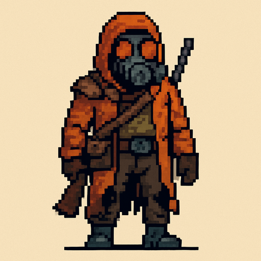 Post apocalyptic man pixel art less pixel.
In-Game asset.  2d.  High contrast.  No shadows. Pixel art