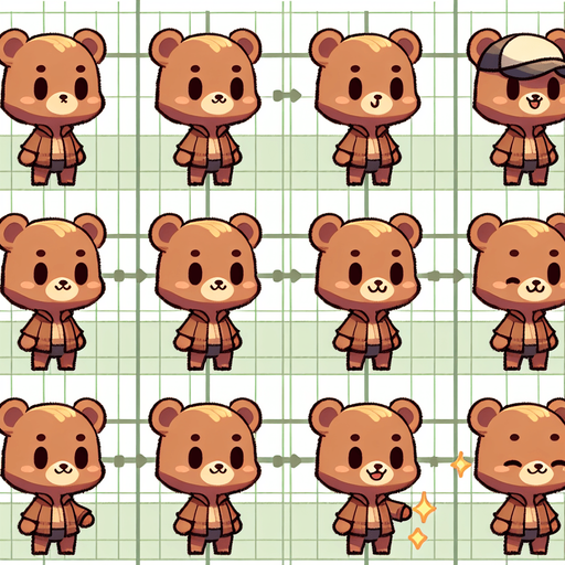 A spritesheet with a number of poses of a cartoonish bear cub with a sunshade, smiling, walking, waiting, standing, ordering, turning, etc. all seen from the side.The spritesheet should be laid out in a rectangular grid with clear space between each individual sprite. Each sprite in the sheet should be around 300x600 pixels in size..
Single Game Texture. In-Game asset. 2d. Blank background. High contrast. No shadows.