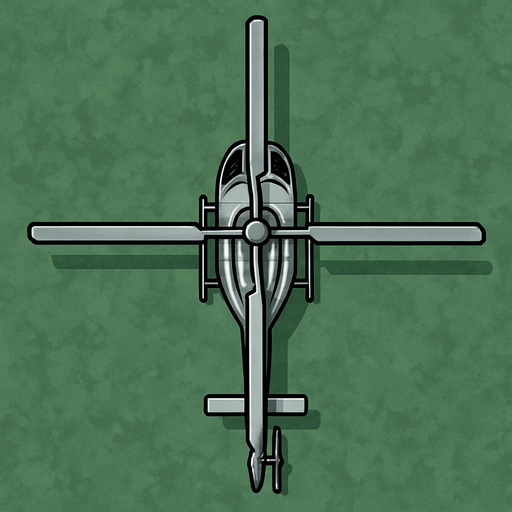 Helicopter image from upsite for 2d rpg game, color of helicopter is silver.
In-Game asset.  2d.  High contrast.  No shadows