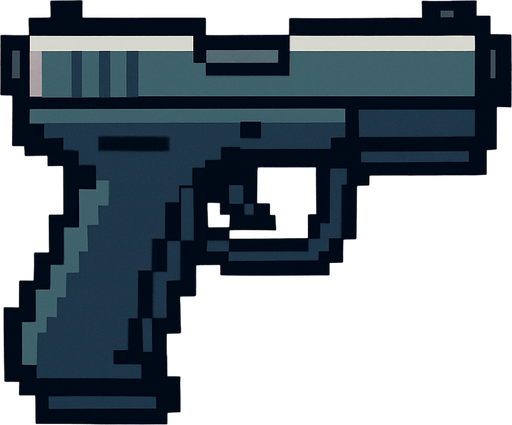 Handgun pixel its look left.
In-Game asset.  2d.  High contrast.  No shadows