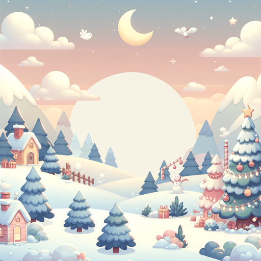 Christmas landscape scene, soft colours. Blank background. High contrast. No shadows. Single Game Texture. In-Game asset. 2d. Blank backgroud Single Game Texture. In-Game asset. 2d. Blank background. High contrast. No shadows.