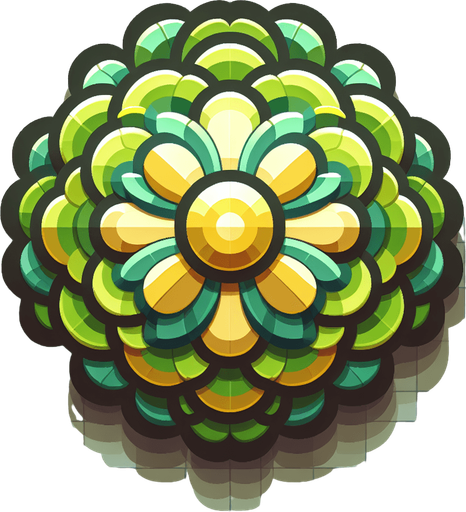 A round green and yellow flower. Top down view.
Single Game Texture. In-Game asset. 2d. Blank background. High contrast. No shadows.