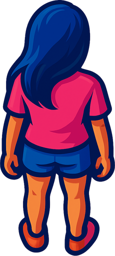 A young woman with long hair and shorts. No hat. Pink shirt.