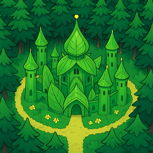 image top down hutan pinus luas yang ditengahnya terdapat kerajaan peri daun. 2d anime.
In-Game asset.  2d.  High contrast.  No shadows