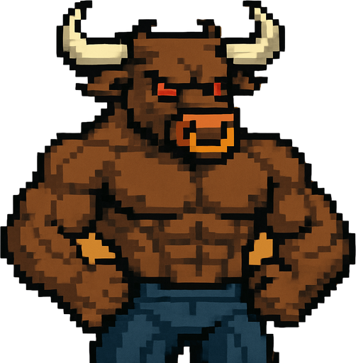 Toro furry fuerte sin camisa pixelado.
In-Game asset.  2d.  High contrast.  No shadows