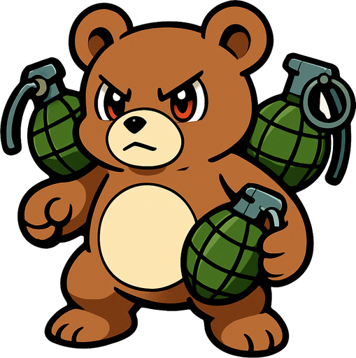 MONSTRINHO URSO PARDO COM GRANADAS NO ESTILO POKÉMON E DIGIMON.
In-Game asset.  2d.  High contrast.  No shadows