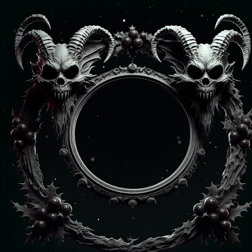 eerie christmas inspired krampus frame with two circular holes with a resident evil style.
Single Game Texture. In-Game asset. 2d. Blank background. High contrast. No shadows.