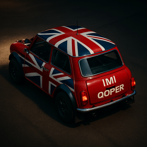 Photorealistic red MINI COOPER Rallycar with something like British flag livery in nightlight, drone topview from back and 45 degrees angle in top right corner. Replace MINI to IMI and Cooper too Qoper.
