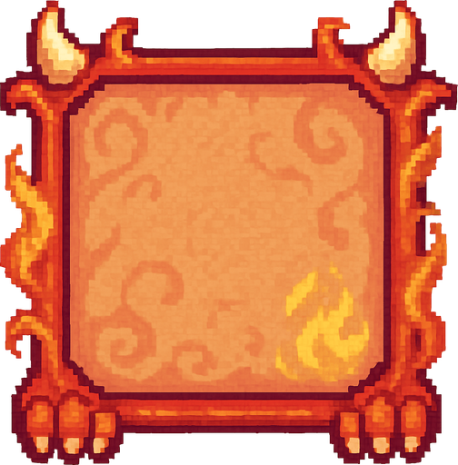 A square pixel art character selection frame inspired by a cute baby dragon. The frame includes fantasy elements like tiny dragon horns on the top corners, small claws at the bottom, and subtle flame or smoke decorations curling around the edges. The background inside the frame should have a soft and decorative texture, matching the baby dragon theme, using soft red, orange, and golden tones. The character will be placed on top of this frame later, so leave the center visually calm and not too detailed. The frame should be viewed from the front and designed for a 2D game UI..
In-Game asset.  2d.  High contrast.  No shadows. pixel art. front view. fantasy. cute. retro. pastel colors. ui element