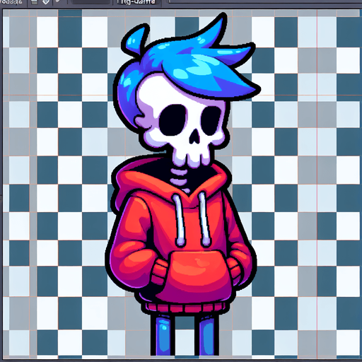 skeleton hair blu felpa rosso.
Single Game Texture.  In-Game asset.  2d.  Blank background.  High contrast.  No shadows