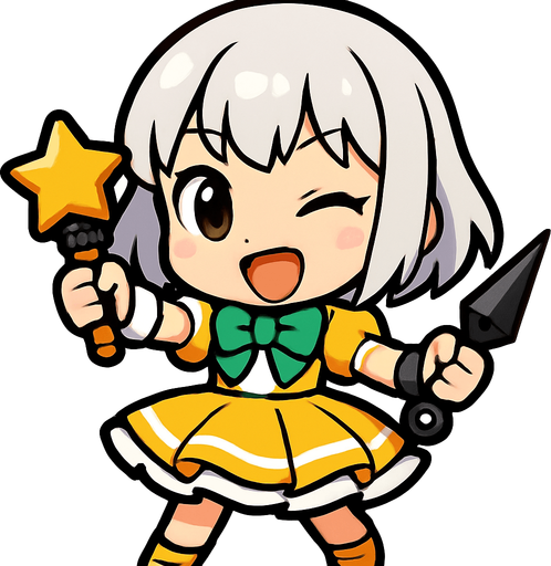 Esta chica tiene un diseño de estilo chibi anime, lo que le da un aspecto adorable y expresivo. Aquí va una descripción detallada:

🔸 Apariencia general:
Es una niña pequeña de proporciones caricaturescas, con cabeza grande y cuerpo diminuto, típica del estilo chibi.

🔸 Cabello:
Cabello platinado o gris, corto, llega hasta sus hombros. Flequillo recto.

🔸 Ropa:
Viste un traje colorido similar al de una idol japonesa:

Vestido amarillo y blanco con detalles verdes

Moño verde en el pecho

Falda con vuelo, adornada con líneas blancas y amarillas

🔸 Accesorios:

Lleva un micrófono con forma de estrella en una mano, lo que sugiere que es una cantante o idol.

En la otra mano, sostiene kunak, lo cual le da un toque de una ninja alegre
🔸 Expresión:
Tiene una expresión alegre, decidida y enérgica, como si estuviera lista para una canción. Un ojo cerrado y la boca abierta de felicidad, simulando que canta feliz para sus fans.
In-Game asset.  2d.  High contrast.  No shadows