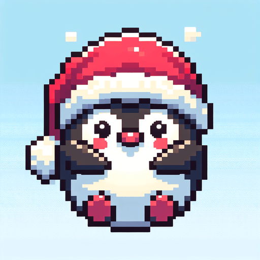 cute fat chubby parachuting penguin wearing a santa hat. pixelated. 8 bit. Single Game Texture. In-Game asset. 2d. Blank background. High contrast. No shadows.