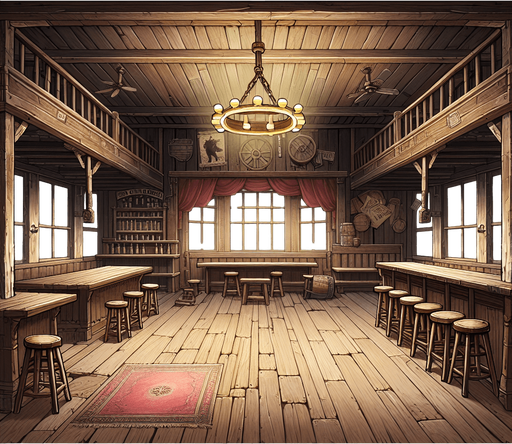 empty western saloon, just the floor, ceiling and walls..
Single Game Texture. In-Game asset. 2d. Blank background. High contrast. No shadows.