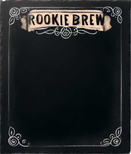 Text "ROOKIE BREW" handwritten in chalk