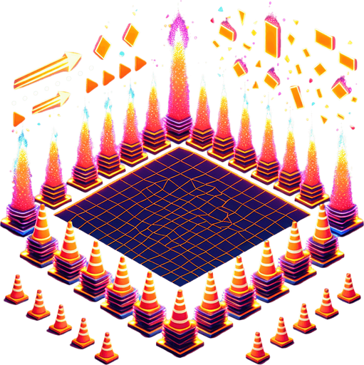Neon orange cones (80px tall) in zigzag patterns

Behavior:

Knocked over with satisfying clatter sound

Perfect center-jump makes them explode into confetti

Pattern: Groups of 3-5 with varying spacing.
Single Game Texture.  In-Game asset.  2d.  Blank background.  High contrast.  No shadows