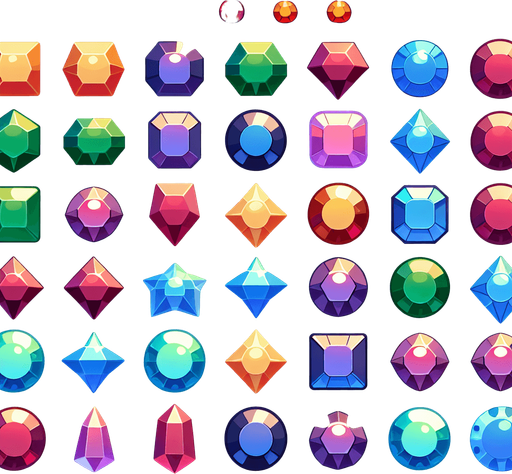 Match 3 gem sprite sheet.
Single Game Texture. In-Game asset. 2d. Blank background. High contrast. No shadows.