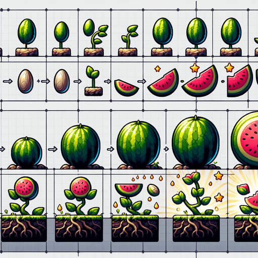 A spritesheet showing a watermelon plant in various stages of germantion, from seed over sapling and to full grown plant, and then the ripe watemelon. The sprites should be laid out in a rectangular grid with blank space between them.. Single Game Texture. In-Game asset. 2d. Blank background. High contrast. No shadows..
Single Game Texture. In-Game asset. 2d. Blank background. High contrast. No shadows.