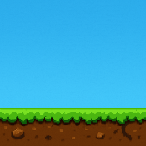 El suelo debe ser una plataforma horizontal clara y visible en la parte inferior de la pantalla, con diseño tipo césped verde brillante sobre tierra marrón, estilo pixel art, con bordes irregulares o redondeados para que no se vea plano ni rígido; puede tener pequeños detalles como piedritas o raíces, pero sin recargarlo, y debe contrastar bien con el cielo para que el personaje destaque al caminar sobre él..
In-Game asset.  2d.  High contrast.  No shadows