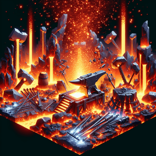 Backdrop: A grand forge surrounded by molten lava and glowing hammers mid-swing.

Colors: Fiery reds and oranges with metallic silver and gray.

Details: Sparks flying and glowing weapon fragments scattered around..
Single Game Texture. In-Game asset. 2d. Blank background. High contrast. No shadows.