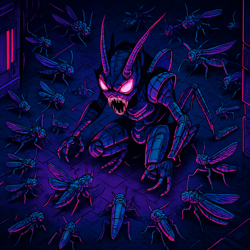 Neon cyberpunk horror anime top down isometric Lokix Nymble robot locusts swarming
