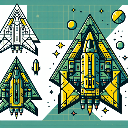 triangular space ship, yellow/green.
Single Game Texture.  In-Game asset.  2d.  Blank background.  High contrast.  No shadows